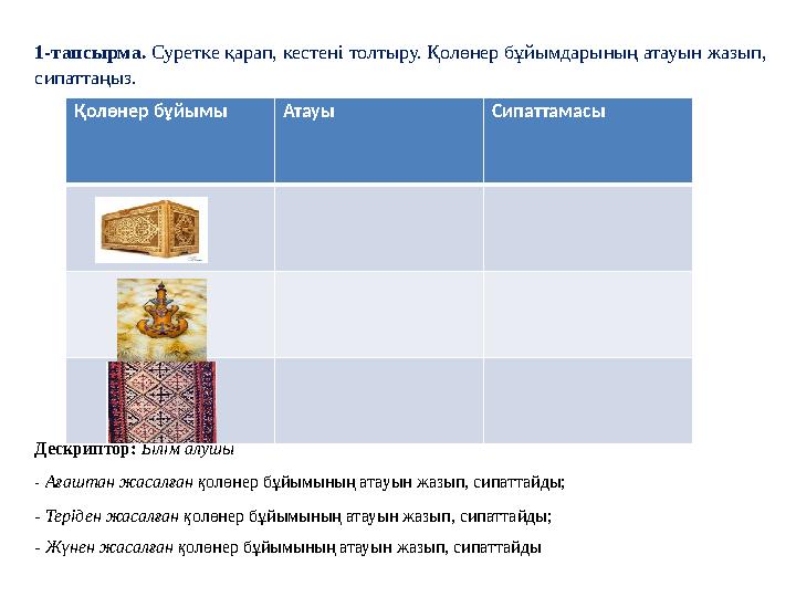 1-тапсырма. Суретке қарап, кестені толтыру. Қолөнер бұйымдарының атауын жазып, сипаттаңыз. Дескриптор: Білім алушы - Ағаштан жа