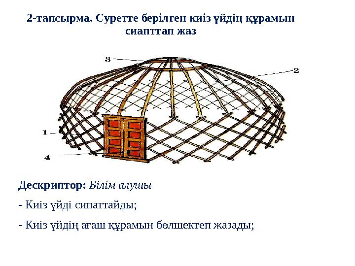 2-тапсырма. Суретте берілген киіз үйдің құрамын сиапттап жаз Дескриптор: Білім алушы - Киіз үйді сипаттайды; - Киіз үйдің ағаш