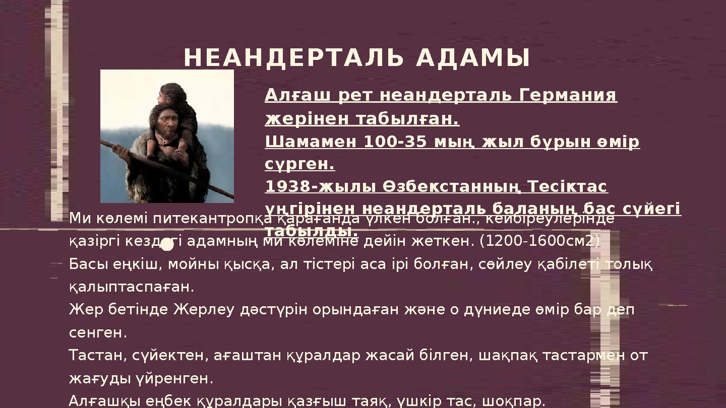 Алғаш рет неандерталь Германия жерінен табылған. Шамамен 100-35 мың жыл бұрын өмір сүрген. 1938-жылы Өзбекстанның Тесіктас үң