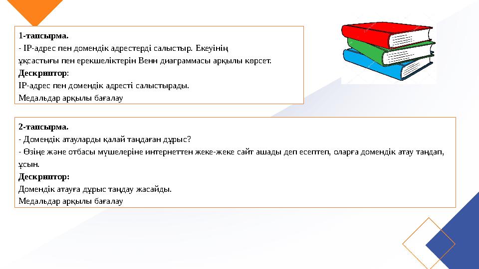 1-тапсырма. - IP-адрес пен домендік адрестерді салыстыр. Екеуінің ұқсастығы пен ерекшеліктерін Венн диаграммасы арқылы көрсет. Д