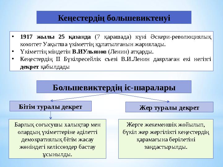 •1917 жылы 25 қазанда (7 қарашада) күні Әскери-революциялық комитет Уақытша үкіметтің құлатылғанын жариялады. •Үкіметтің міндет