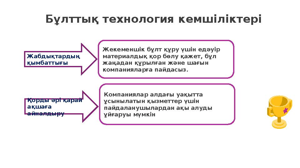 Бұлттық технология кемшіліктері Жабдықтардың қымбаттығы Жекеменшік бұлт құру үшін едәуір материалдық қор бөлу қажет, бұл жаңа