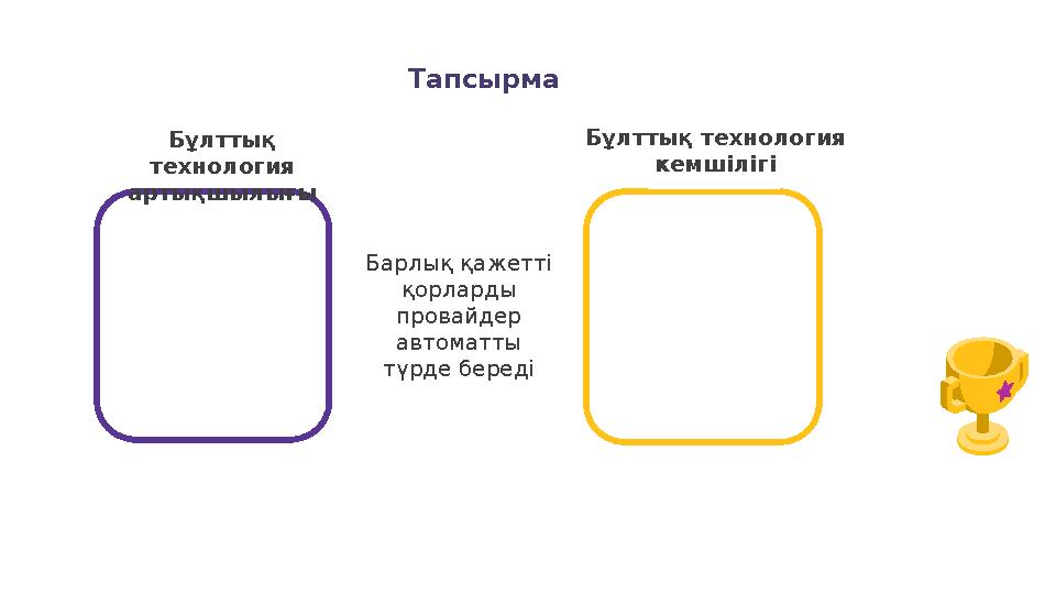 Бұлттық технология артықшылығы Бұлттық технология кемшілігі Барлық қажетті қорларды провайдер автоматты түрде береді Тапс