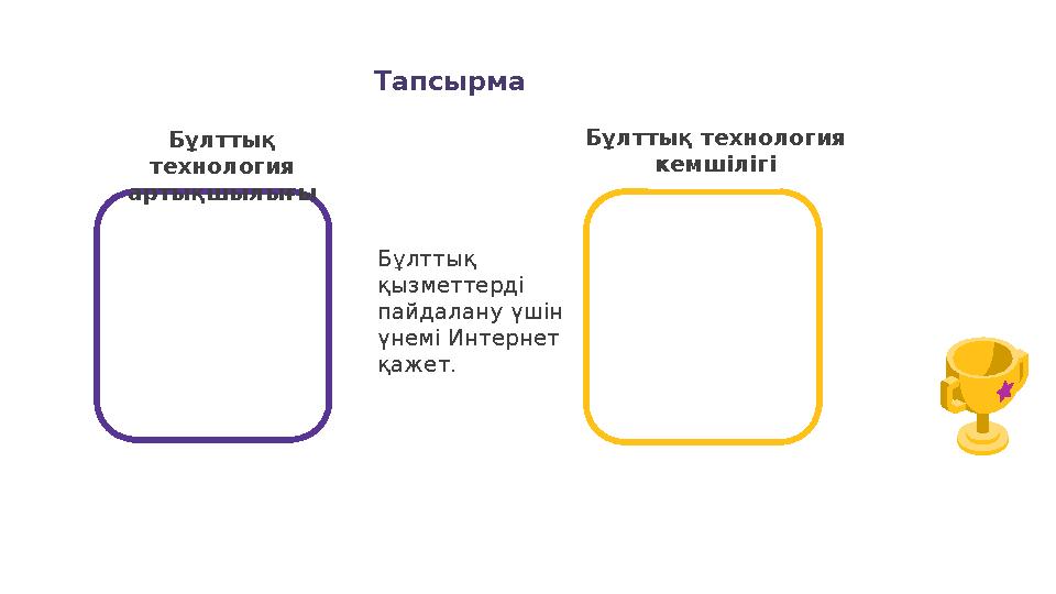 Бұлттық технология артықшылығы Бұлттық технология кемшілігі Бұлттық қызметтерді пайдалану үшін үнемі Интернет қажет. Тапс