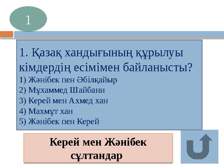 Керей мен Жәнібек сұлтандар 1 1. Қазақ хандығының құрылуы кімдердің есімімен байланысты? 1) Жәнібек пен Әбілқайыр 2) Мұх