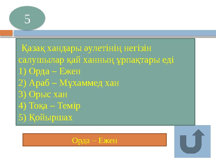 Орда – Ежен 5 Қазақ хандары әулетінің негізін салушылар қай ханның ұрпақтары еді 1) Орда – Ежен 2) Араб – Мұхаммед хан 3)