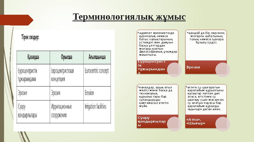 Терминологиялық жұмыс •адамзат өркениетінде еуропалық немесе батыс халықтарының үстемдігі мен дамуын басқа ұлт