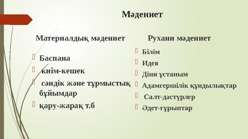 Мәдениет Материалдық мәдениет Баспана  киім-кешек  сәндік және тұрмыстық бұйымдар қару-жарақ т.б Рухани мәден