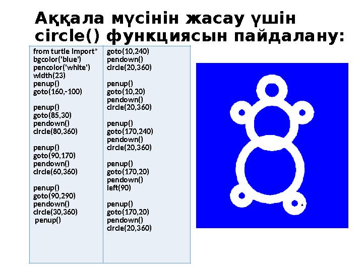 Аққала мүсінін жасау үшін circle() функциясын пайдалану: from turtle import* bgcolor('blue') pencolor('white') width(23) penup(