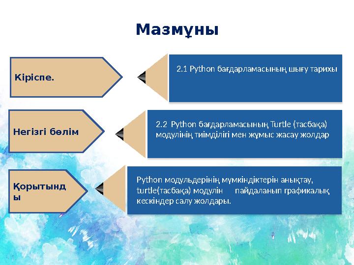 Мазмұны Кіріспе. Негізгі бөлім Қорытынд ы 2.1 Python бағдарламасының шығу тарихы 2.2 Python бағдарламасының Turtle (тасбақа)