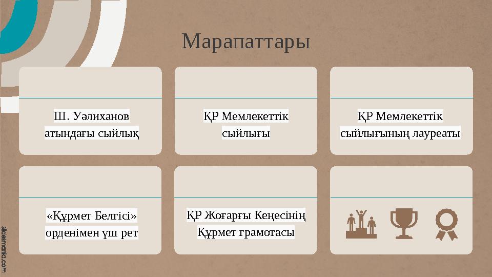 Марапаттары Ш. Уәлиханов атындағы сыйлық ҚР Мемлекеттік сыйлығы ҚР Мемлекеттік сыйлығының лауреаты «Құрмет Белгісі» орденім