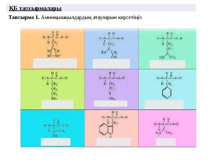 ҚБ тапсырмалары Тапсырма 1. Аминқышқылдардың атауларын көрсетіңіз