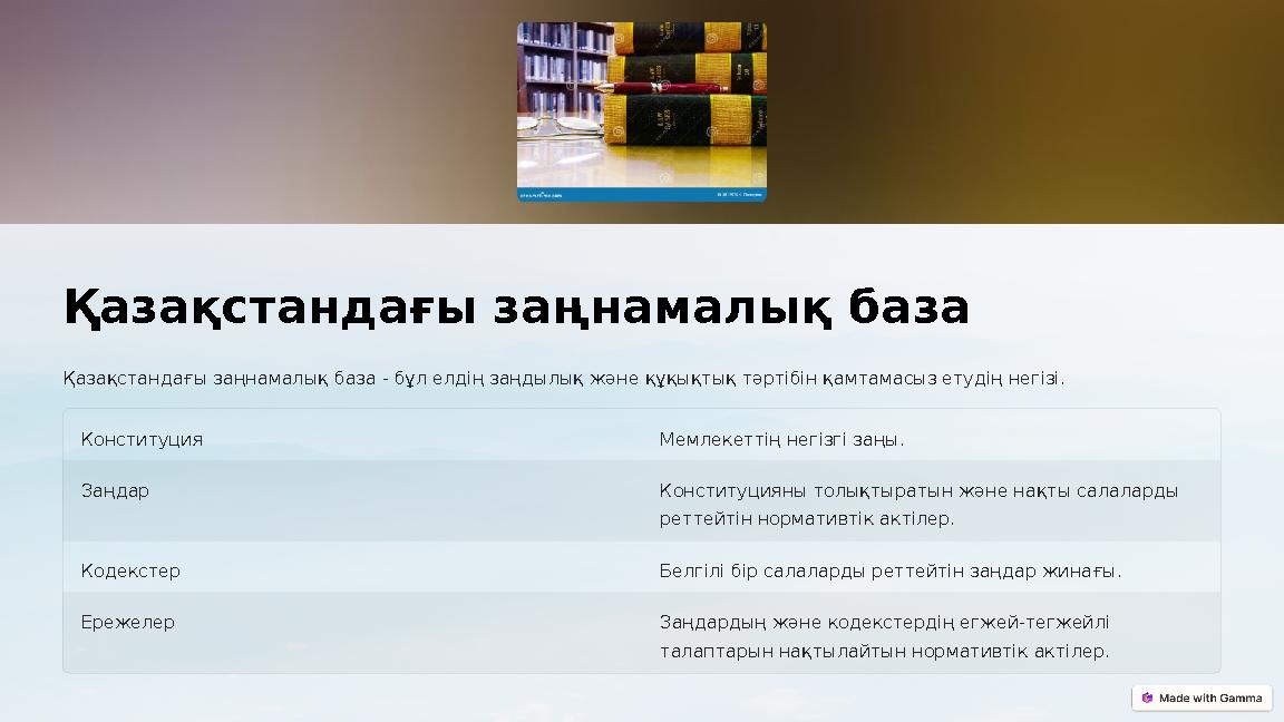 Қазақстандағы заңнамалық база Қазақстандағы заңнамалық база - бұл елдің заңдылық және құқықтық тәртібін қамтамасыз етудің негіз