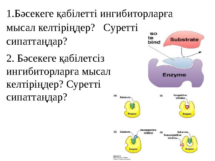 1.Бәсекеге қабілетті ингибиторларға мысал келтіріңдер? Суретті сипаттаңдар? 2. Бәсекеге қабілетсіз ингибиторларға мысал ке