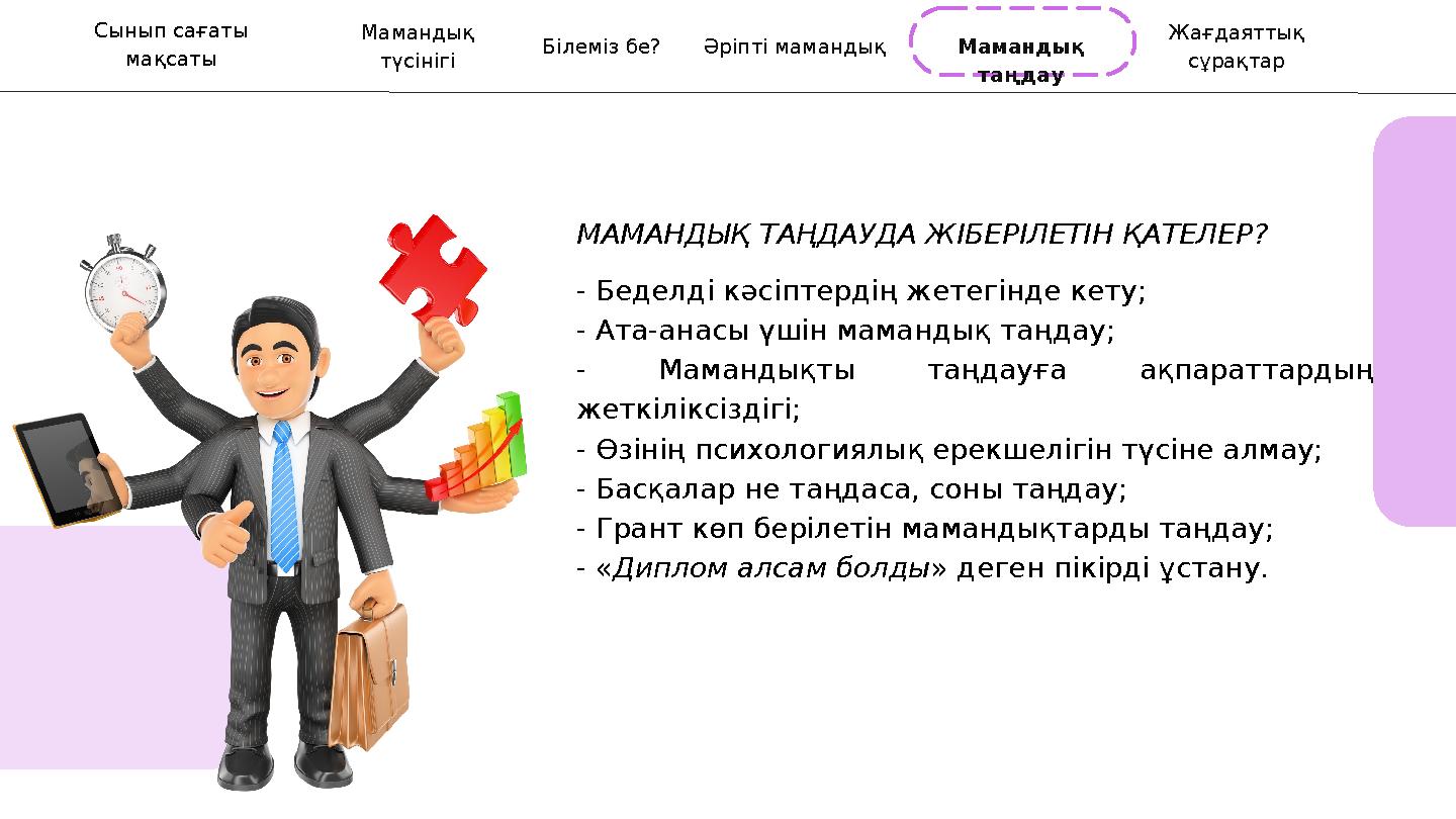 - Беделді кәсіптердің жетегінде кету; - Ата-анасы үшін мамандық таңдау; - Мамандықты таңдауға ақпараттардың жеткіліксіздігі