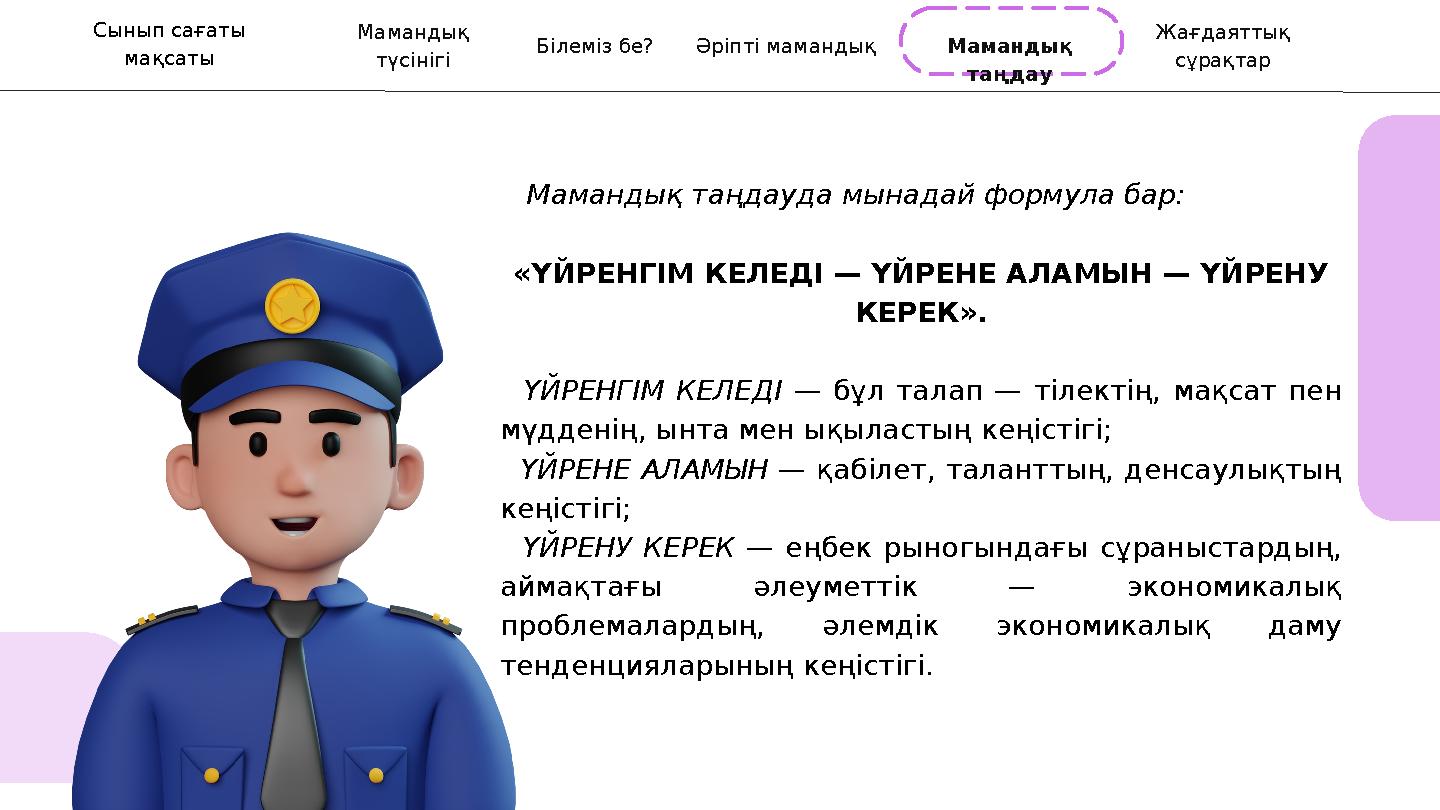 Мамандық түсінігі Білеміз бе? Әріпті мамандық Жағдаяттық сұрақтар Мамандық таңдау Мамандық таңдауда мынадай формула бар: