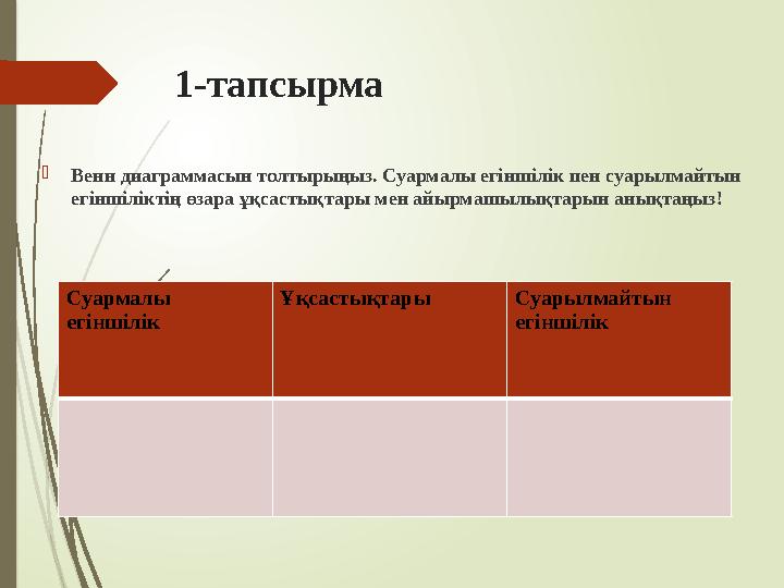 1-тапсырма Венн диаграммасын толтырыңыз. Суармалы егіншілік пен суарылмайтын егіншіліктің өзара ұқсастықтары мен