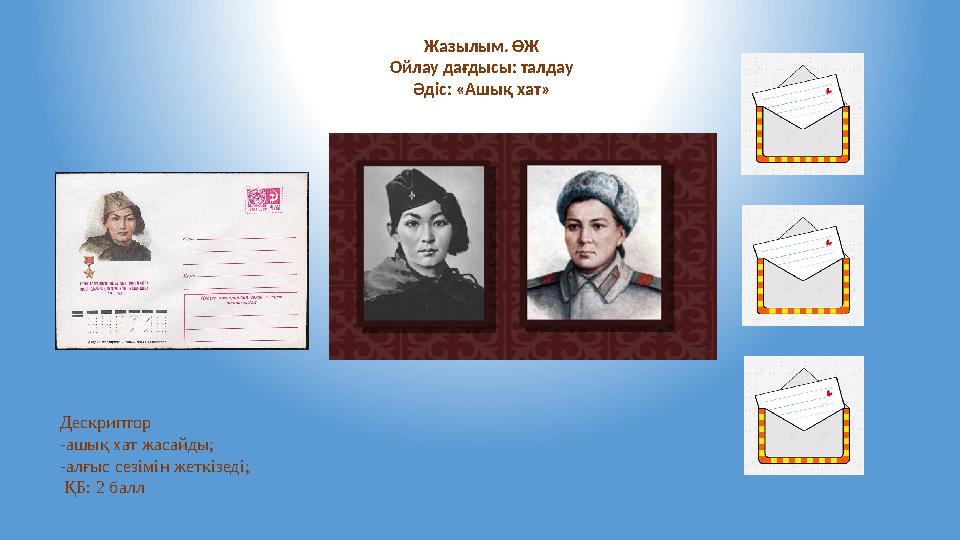 Дескриптор -ашық хат жасайды; -алғыс сезімін жеткізеді; ҚБ: 2 балл Жазылым. ӨЖ Ойлау дағдысы: талдау Әдіс: «Ашық хат»