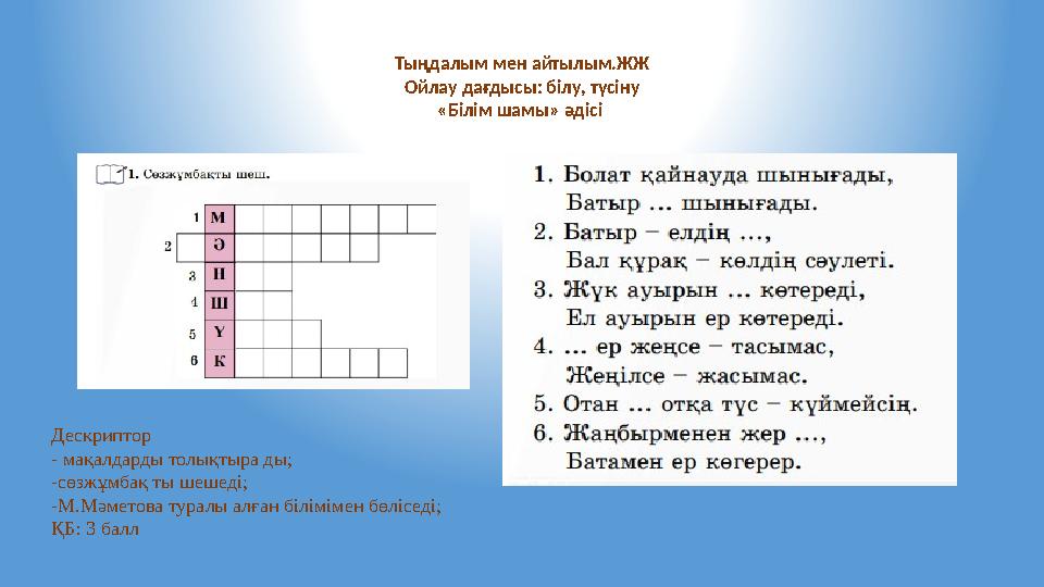 Дескриптор - мақалдарды толықтыра ды; -сөзжұмбақ ты шешеді; -М.Мәметова туралы алған білімімен бөліседі; ҚБ: 3 балл Тыңдалым ме