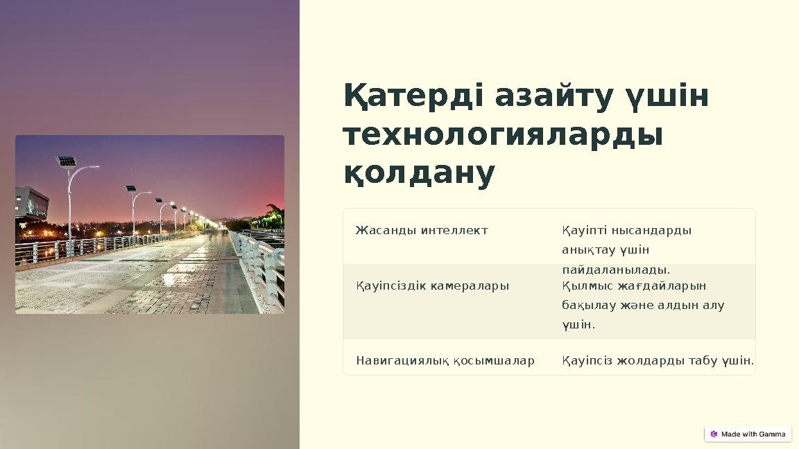 Қатерді азайту үшін технологияларды қолдану Жасанды интеллект Қауіпті нысандарды анықтау үшін пайдаланылады. Қауіпсіздік