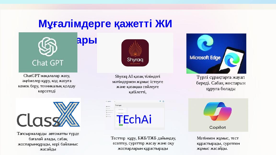 Мұғалімдерге қажетті ЖИ құралдары ChatGPT мақалалар жазу, әңгімелер құру, код жазуға көмек беру, техникалық қолдау көрсетед