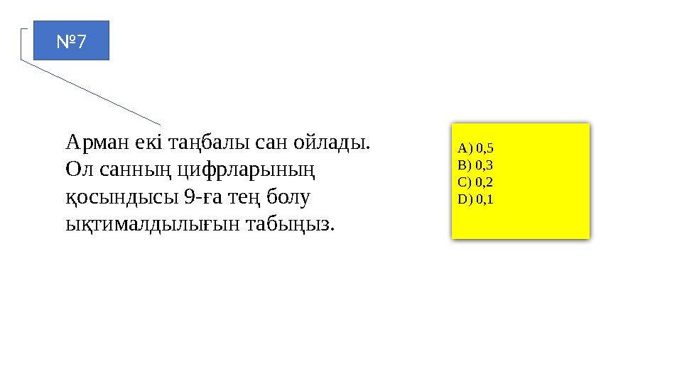 №7 Арман екі таңбалы сан ойлады. Ол санның цифрларының қосындысы 9-ға тең болу ықтималдылығын табыңыз. A) 0,5 B) 0,3 C) 0,2 D