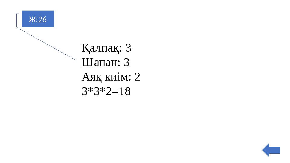 Ж:26 Қалпақ: 3 Шапан: 3 Аяқ киім: 2 3*3*2=18