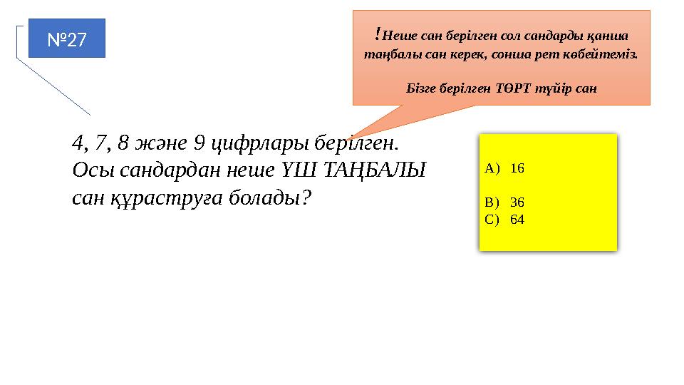 №27 A)16 B)36 C)64 4, 7, 8 және 9 цифрлары берілген. Осы сандардан неше ҮШ ТАҢБАЛЫ сан құраструға болады? !Неше сан берілген с