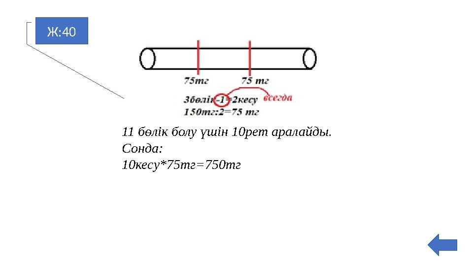 Ж:40 11 бөлік болу үшін 10рет аралайды. Сонда: 10кесу*75тг=750тг