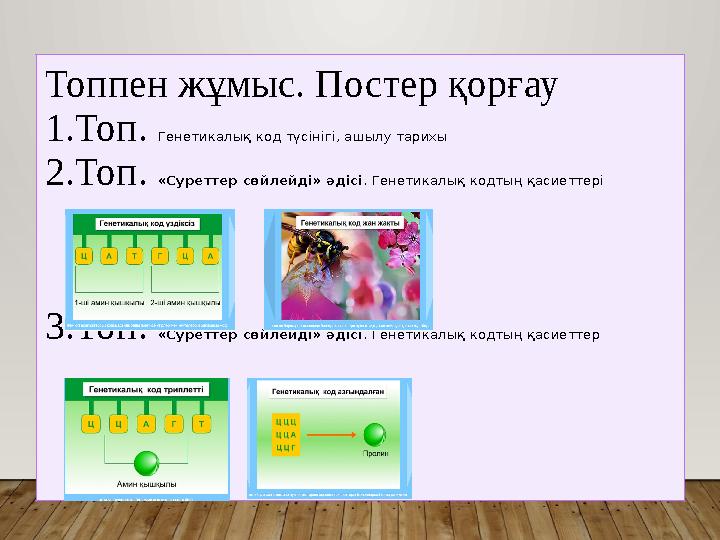 Топпен жұмыс. Постер қорғау 1.Топ. Генетикалық код түсінігі, ашылу тарихы 2.Топ. «Суреттер сөйлейді» әдісі . Генетикалық кодтың