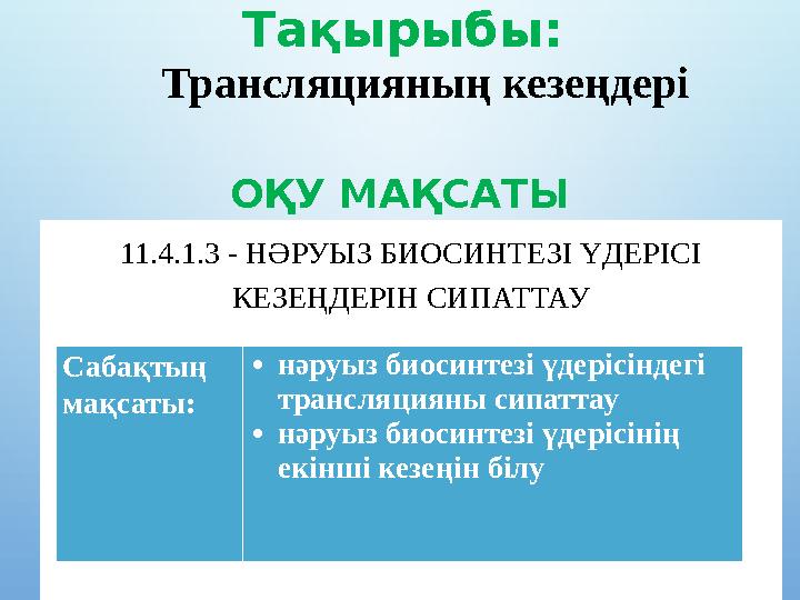 ОҚУ МАҚСАТЫ 11.4.1.3 - НӘРУЫЗ БИОСИНТЕЗІ ҮДЕРІСІ КЕЗЕҢДЕРІН СИПАТТАУ Тақырыбы: Трансляцияның кезеңдері Сабақтың мақсаты: •н