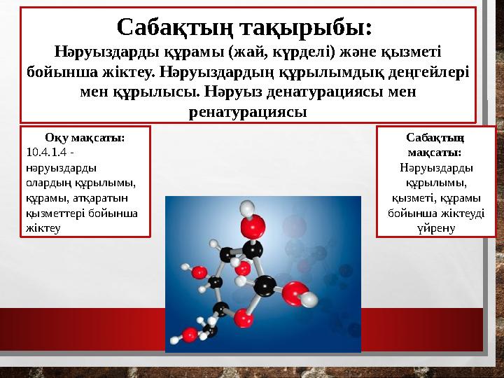 Сабақтың тақырыбы: Нәруыздарды құрамы (жай, күрделі) және қызметі бойынша жіктеу. Нәруыздардың құрылымдық деңгейлері мен құр