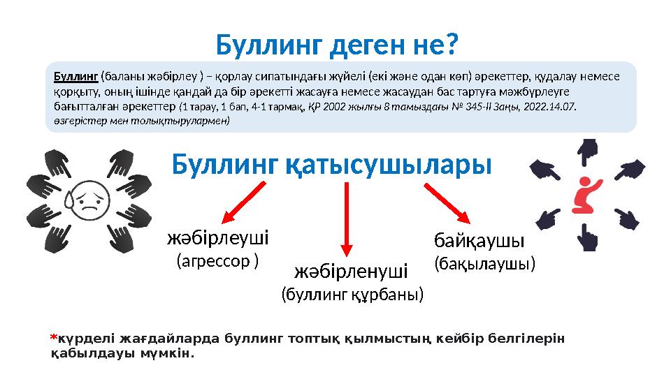 Буллинг қатысушылары *күрделі жағдайларда буллинг топтық қылмыстың кейбір белгілерін қабылдауы мүмкін. Буллинг (баланы жәбірл