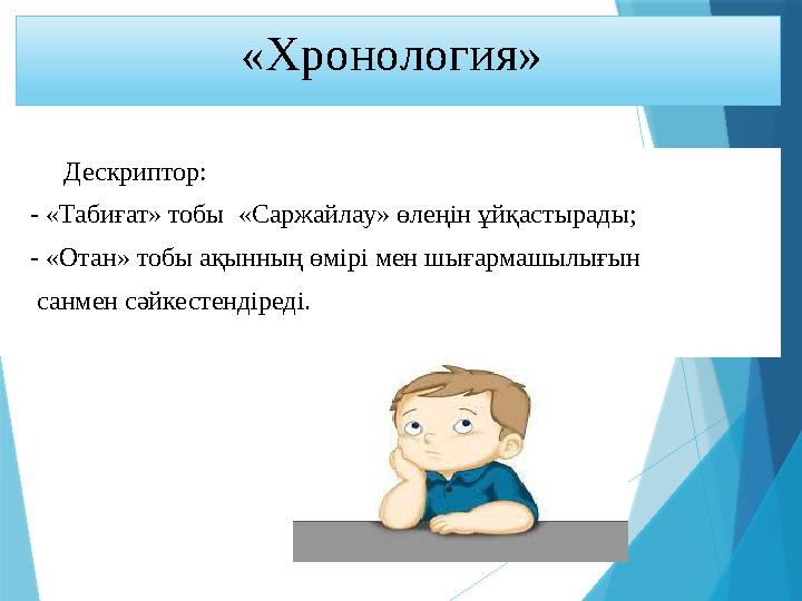 «Хронология» Дескриптор: - «Табиғат» тобы «Саржайлау» өлеңін ұйқастырады; - «Отан» тобы ақынның өмірі «Хронология» Дескриптор: - «Табиғат» тобы «Саржайлау» өлеңін ұйқастырады; - «Отан» тобы ақынның өмірі