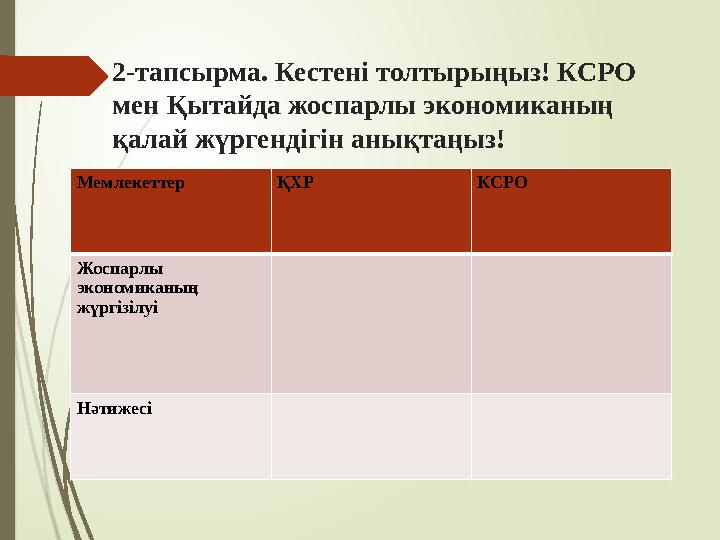 2-тапсырма. Кестені толтырыңыз! КСРО мен Қытайда жоспарлы экономиканың қалай жүргендігін анықтаңыз! Мемлекеттер Қ