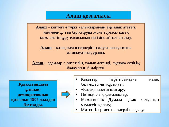 Алаш қозғалысы Алаш – көптеген түркі халықтарының аңыздық ататегі, кейіннен ұлтты біріктіруші және тәуелсіз қазақ мемлекетінқұ