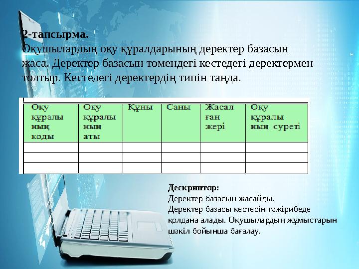 2-тапсырма. Оқушылардың оқу құралдарының деректер базасын жаса. Деректер базасын төмендегі кестедегі деректермен толтыр. Кесте