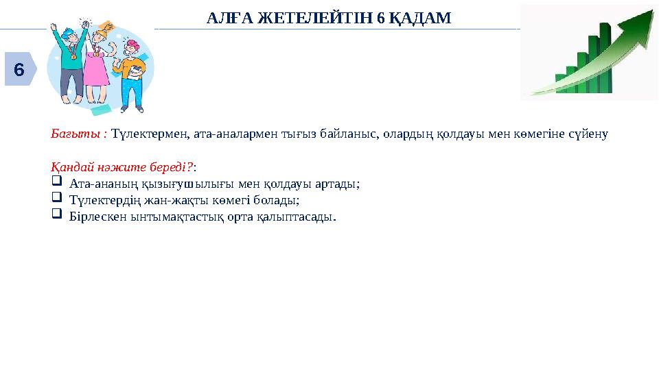 АЛҒА ЖЕТЕЛЕЙТІН 6 ҚАДАМ Бағыты : Түлектермен, ата-аналармен тығыз байланыс, олардың қолдауы мен көмегіне сүйену Қандай нәжите бе