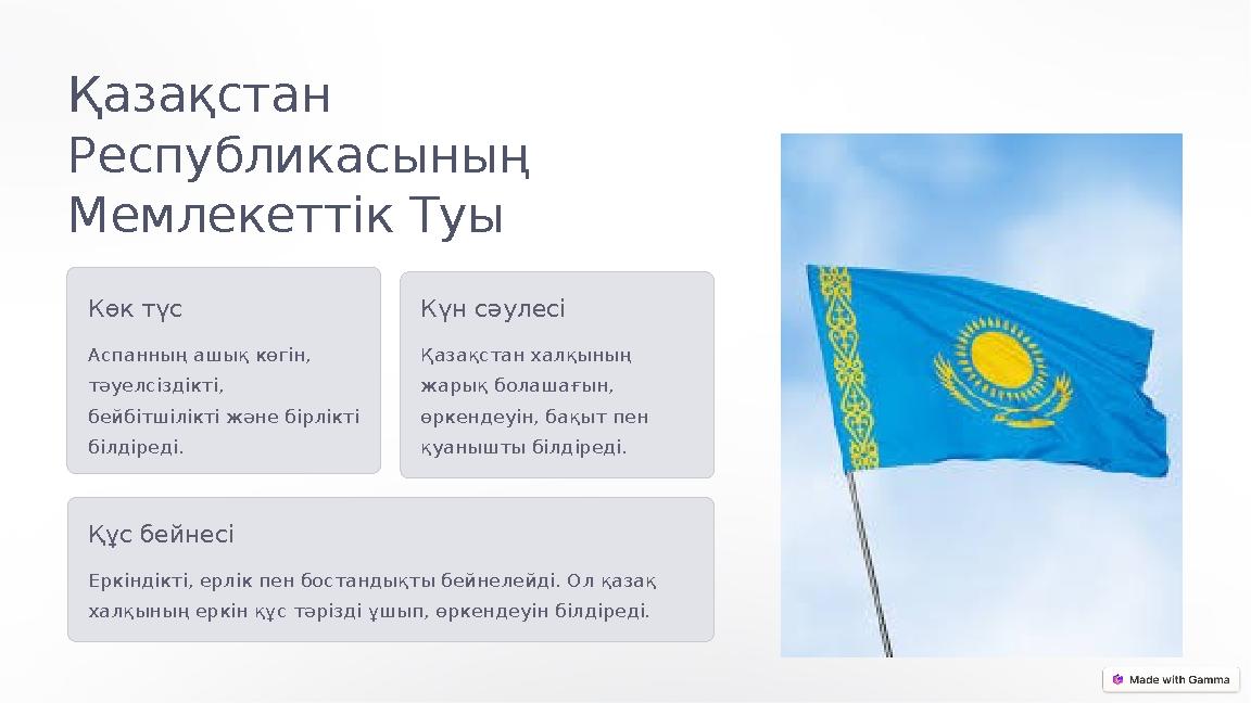 Қазақстан Республикасының Мемлекеттік Туы Көк түс Аспанның ашық көгін, тәуелсіздікті, бейбітшілікті және бірлікті білдіред