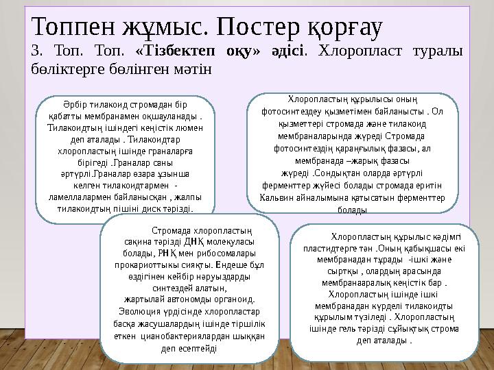 Топпен жұмыс. Постер қорғау 3. Топ. Топ. «Тізбектеп оқу» әдісі. Хлоропласт туралы бөліктерге бөлінген мәтін Хлоропластың құры