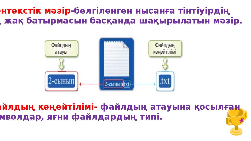 Контекстік мәзір-белгіленген нысанға тінтіуірдің оң жақ батырмасын басқанда шақырылатын мәзір. Файлдың кеңейтілімі- файлдың ата