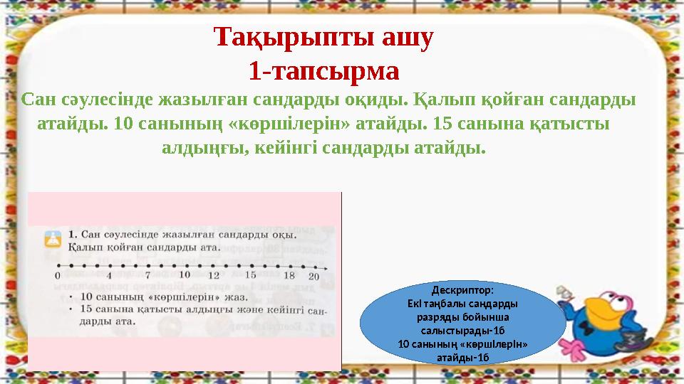 Дескриптор: Екі таңбалы сандарды разряды бойынша салыстырады-1б 10 санының «көршілерін» атайды-1б Тақырыпты ашу 1-тапсырма