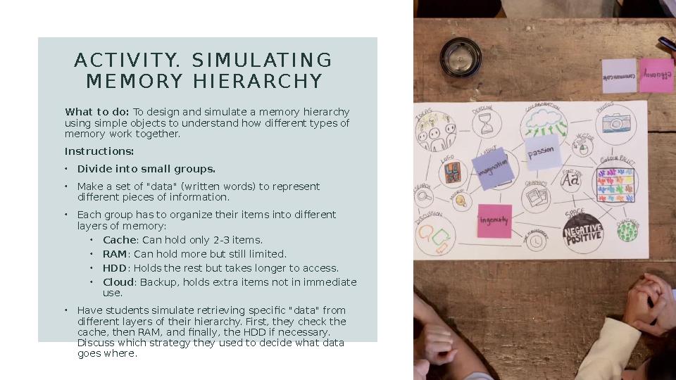 ACTIVITY. SIMULATING MEMORY HIERARCHY What to do: To design and simulate a memory hierarchy using simple objects to understan