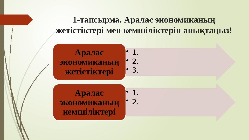 1-тапсырма. Аралас экономиканың жетістіктері мен кемшіліктерін анықтаңыз! •1. •2. •3. Аралас экономиканың ж