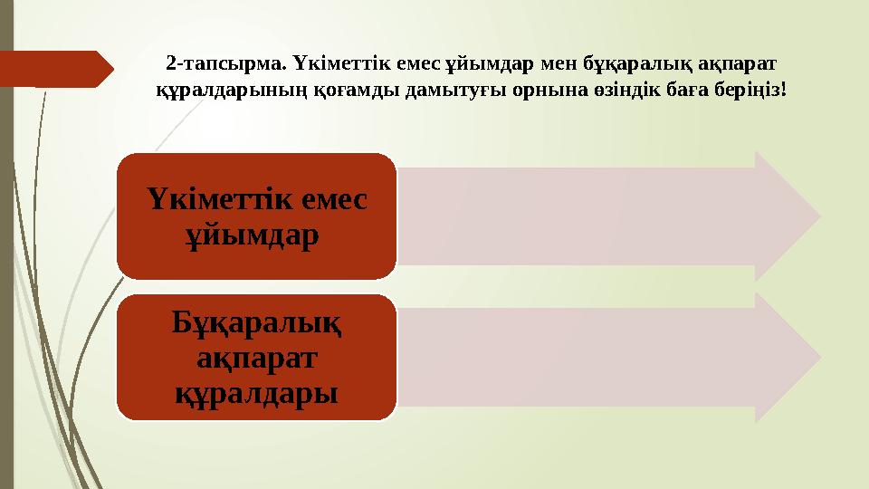 2-тапсырма. Үкіметтік емес ұйымдар мен бұқаралық ақпарат құралдарының қоғамды дамытуғы орнына өзіндік баға беріңіз