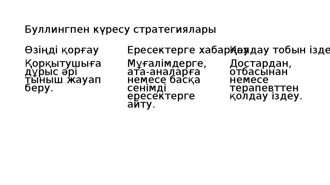 Буллингпен күресу стратегиялары Өзіңді қорғау Қорқытушыға дұрыс әрі тыныш жауап беру. Ересектерге хабарлау Мұғалімдерге, ата