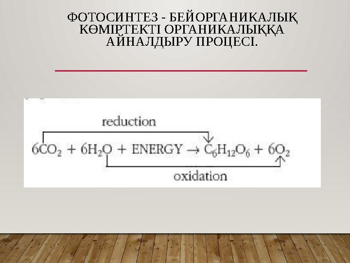 ФОТОСИНТЕЗ - БЕЙОРГАНИКАЛЫҚ КӨМІРТЕКТІ ОРГАНИКАЛЫҚҚА АЙНАЛДЫРУ ПРОЦЕСІ.