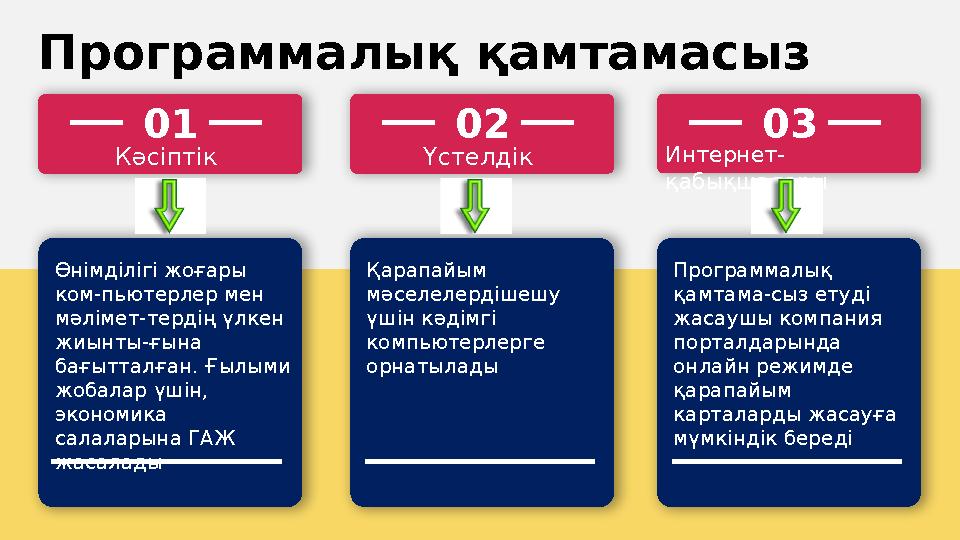 Программалық қамтамасыз ету 01 Кәсіптік 02 Үстелдік 03 Интернет- қабықшалары Өнімділігі жоғары ком-пьютерлер мен мәлімет-