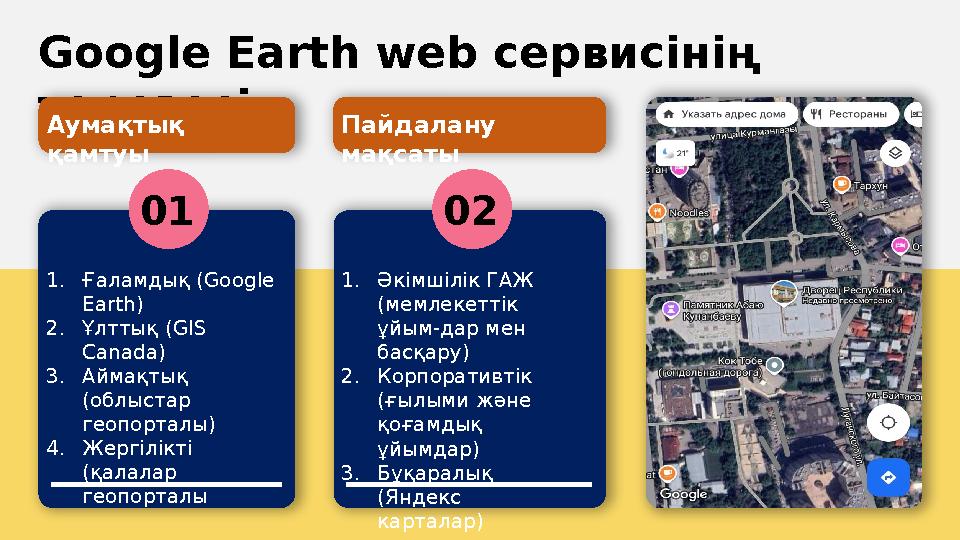 Google Earth web сервисінің терезесі 1.Ғаламдық (Google Earth) 2.Ұлттық (GIS Canada) 3.Аймақтық (облыстар геопорталы) 4.Ж