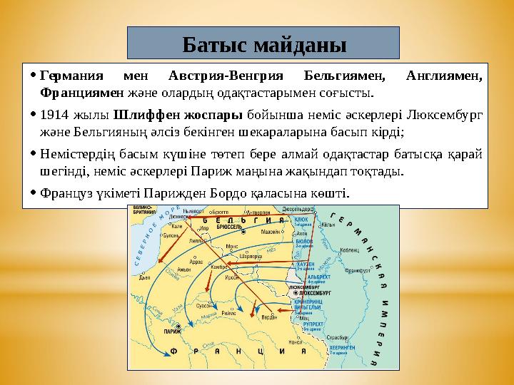 Батыс майданы •Германия мен Австрия-Венгрия Бельгиямен, Англиямен, Франциямен және олардың одақтастарымен соғысты. •1914 жылы Ш